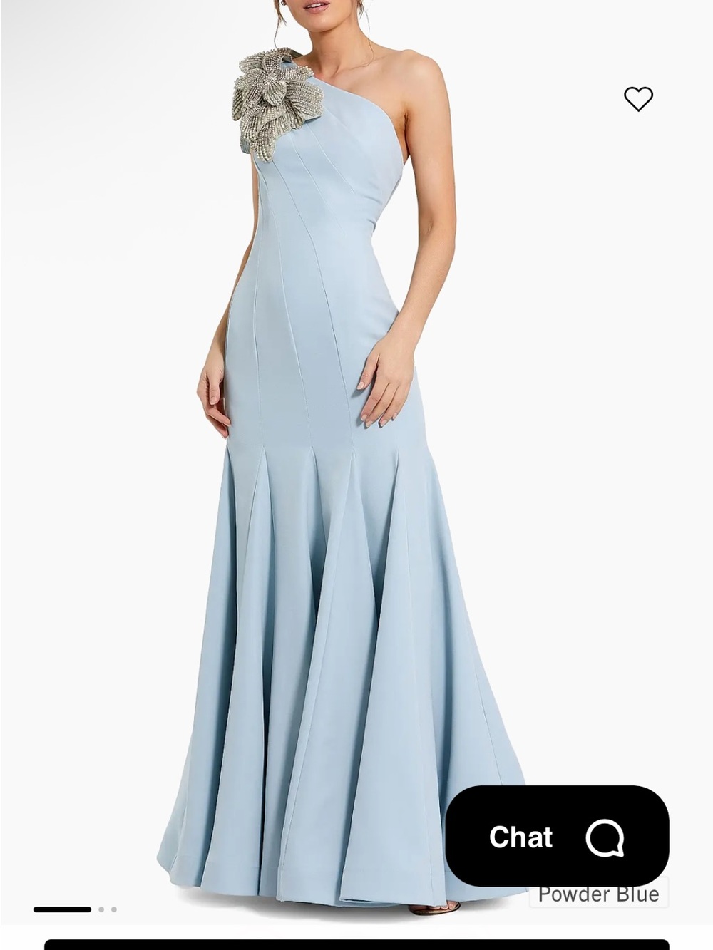 Mac Duggal Powder Blue One-Shoulder Evening Gown with Floral Shoulder Detail